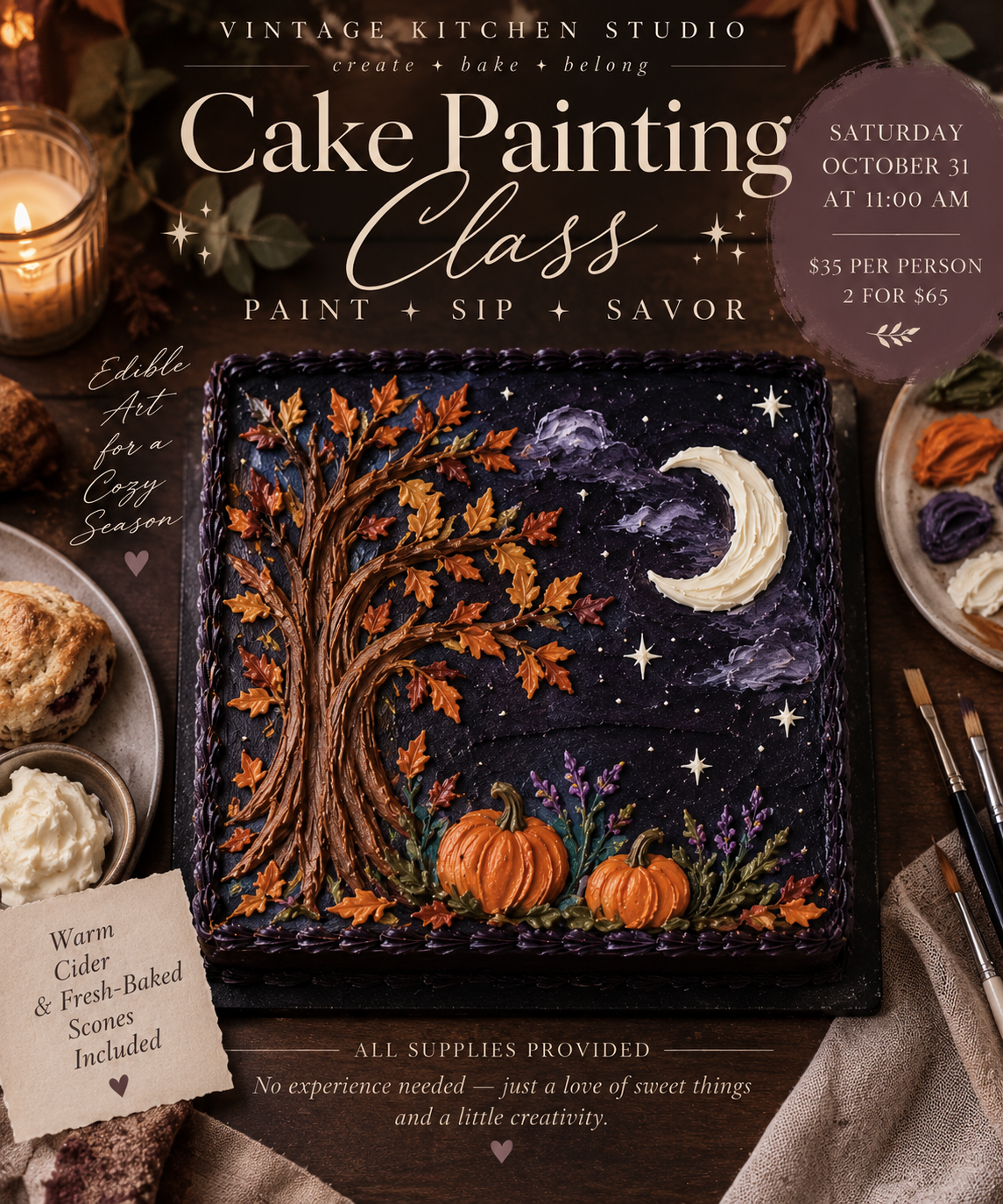 Promotional flyer for a 'Cake Painting Class' by Vintage Kitchen Studio, featuring a decorated square cake with an autumn night scene design. The cake is styled on a rustic wooden table with baking ingredients, candles, and paintbrushes, with text overlays detailing the class schedule and pricing.