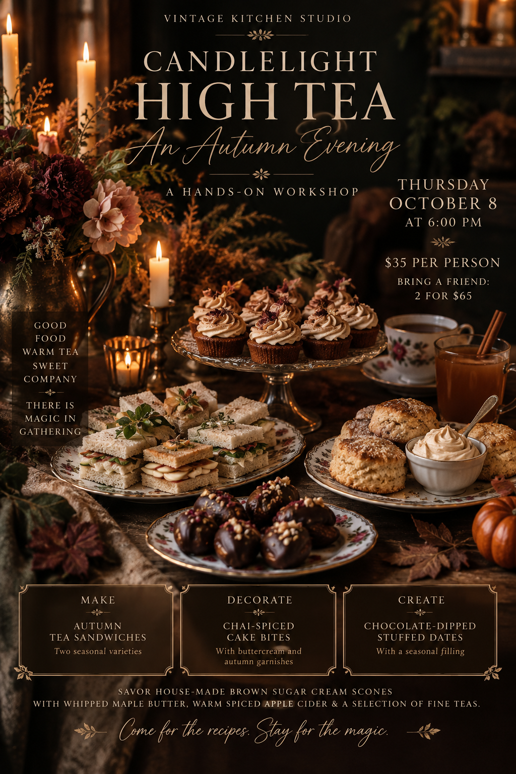 Promotional flyer for a 'Candlelight High Tea' hands-on workshop by Vintage Kitchen Studio, featuring an autumnal table setting with cakes, scones, pastries, and tea, complete with text detailing the event schedule and activities.