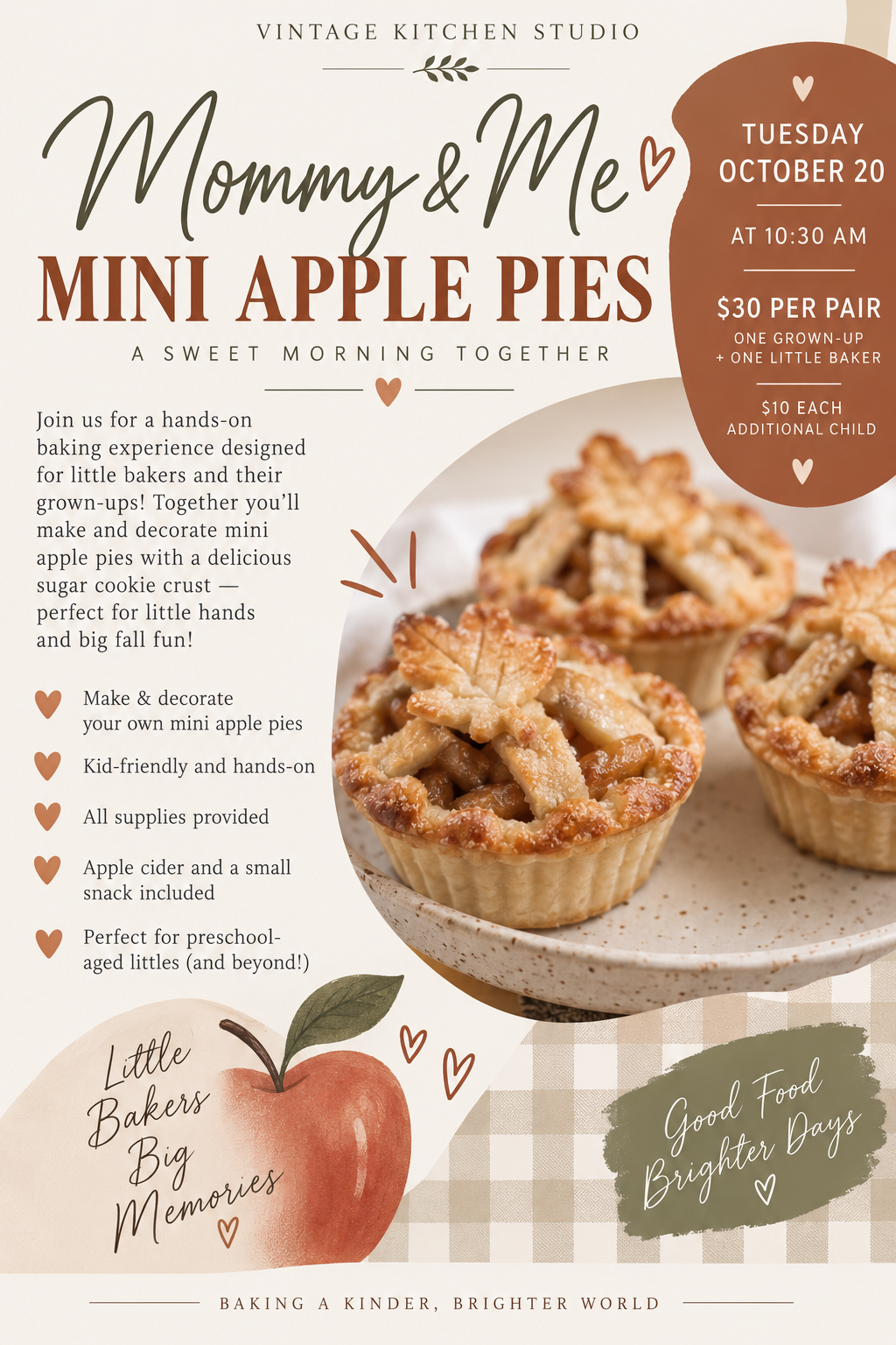 Promotional flyer for a 'Mommy & Me Mini Apple Pies' baking class by Vintage Kitchen Studio. The flyer features a warm, rustic design with a beige and brown gingham background, a photo of two baked apple pies on a plate, and illustrations of red apples and hearts.