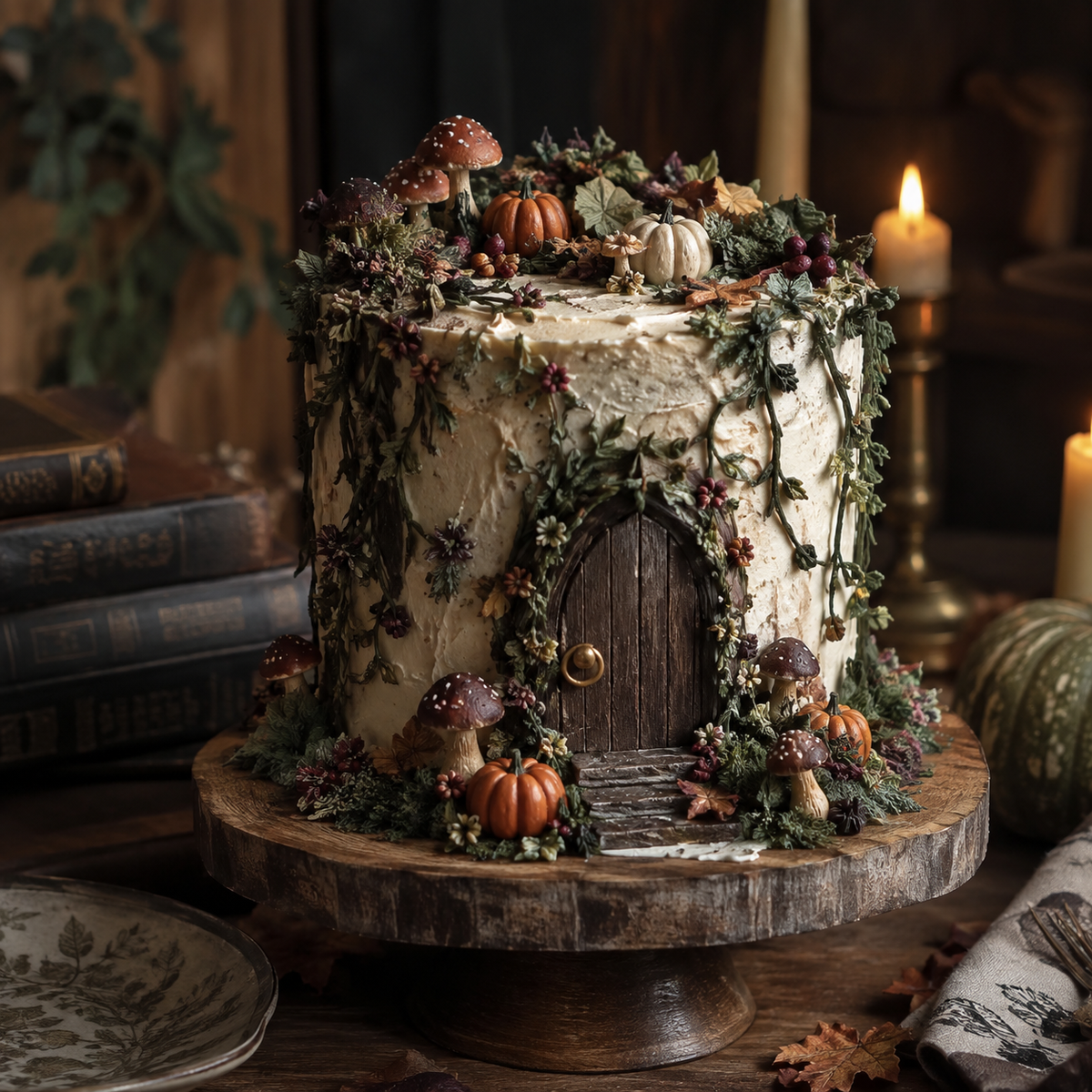 A rustic fairy-tale style cake decorated with faux ivy, small mushrooms, acorns, and a miniature arched door, displayed on a wooden cake stand in a warmly lit autumn-themed setting with candles and books.